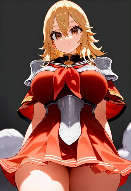 (masterpiece:1.2, best quality), (finely detailed eyes: 1.2) (ultra-detailed, hires), (detailed face, detailed eyes), (best illumination), detailed glow, high contrast, looking at viewer, solo, smile, closed mouth, 1girl, huge breasts, wide hips, thick thighs, centurii-chan, blond hair, brown eyes, hair between eyes, medium hair, fluffy hair, bangs, armor, ((breastplate)), dress, neckerchief, red neckerchief, red dress, short dress, short sleeves, shoulder armor, skindentation, no background, empty background, (((face shot))), (masterpiece, best quality, very aesthetic, absurdres), (ultra detailed perfect piece:1.2), illustration, masterpiece, (extremely detailed CG 8k), (very fine 8K CG), <lora:add-detail-xl:-1>