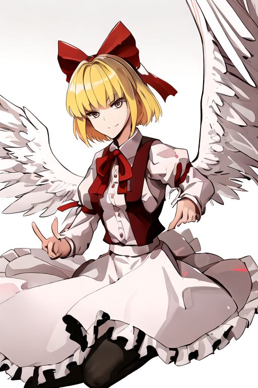 solo_focus, 1girl, ((white background, simple background)):2, (((masterpiece))), ((best quality)), ((ultra-detailed)), high resolution, absurdres, highres, ultra-detailed 8k unity wallpaper, 
solo, 1girl, gengetsu, 
arcueid_\(tsukihime\), 
solo, 1girl, smile, short_hair, shirt, breasts, blonde_hair, bow, long_sleeves, skirt, ribbon, dress, yellow_eyes, hair_bow, thighs, collared_shirt, red_bow, wings, vest, bowtie, black_pantyhose, red_vest, pink_shirt, red_bowtie, feathered_wings, pink_dress, open_vest, white_shirt_white_skirt, white_shoes, blonde_short_hair, red_head_bow_ribbon, one_piece_head_bow_ribbon, bow_ribbon, white_angel_wings, white_drees, brown_vest, wear_outside, twin_wings,