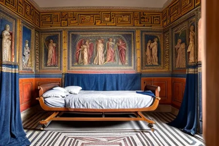 (masterpiece:1.2), (best quality,:1.2), 8k, HDR, ultra detailed, ((photorealistic)), professional light, cinematic lighting, fashion photography, ambient lighting, face lighting, <lora:detail_slider_v4:1>, Fantasy picture, OverallDetail, ancient roman room with a statue and candles in it and a bed in the middle of the room with a blue blanket on it and a blue blanket on the floor, RomInt, <lora:RomanInterior-10:1>, epiCPhoto