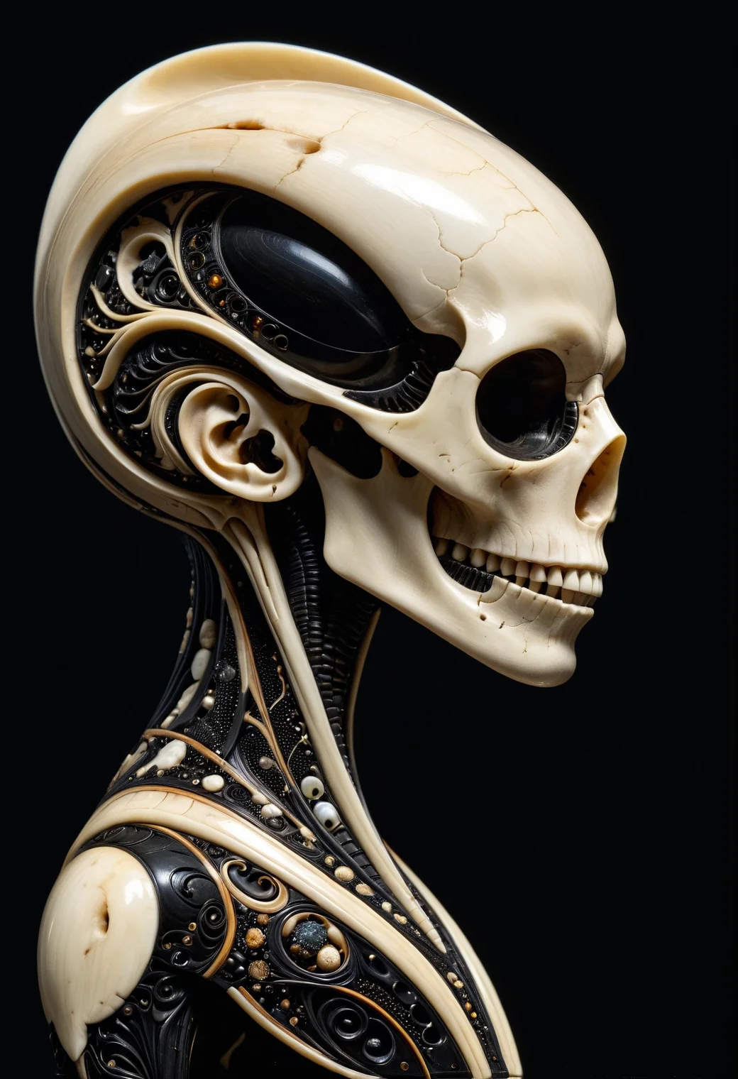 xenomorpth made out of, ebony, ivory, scrimshaw, bone carving, smooth, reflection, futuristic interior, dark theme,
sideways tilted head,
solo,
depth of field, face focus, dramatic lighting, detailed shadows,
<lora:Ebony_and_Ivory_Scrimshaw_style_-_SDXL:1>, masterpiece, best_quality, amazing_quality, very_aesthetic, 8k, high_quality, highres, absurdres, subject_focus,