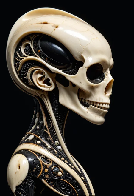xenomorpth made out of, ebony, ivory, scrimshaw, bone carving, smooth, reflection, futuristic interior, dark theme,
sideways tilted head,
solo,
depth of field, face focus, dramatic lighting, detailed shadows,
<lora:Ebony_and_Ivory_Scrimshaw_style_-_SDXL:1>, masterpiece, best_quality, amazing_quality, very_aesthetic, 8k, high_quality, highres, absurdres, subject_focus,