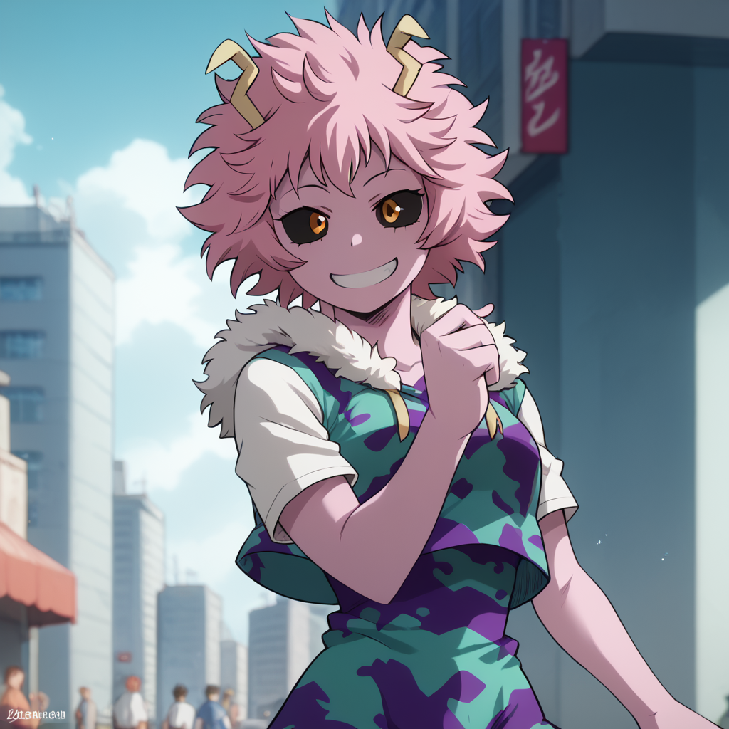 <lora:SlimesMinaAshido:1>, score_9, score_8_up, score_7_up, slimes_minaashido, 1girl, waist up shot, smiling, city background