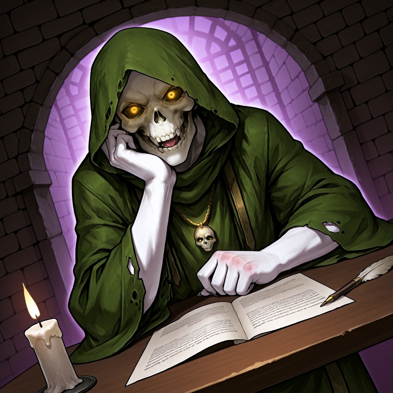 score_9,score_8,score_7,source_furry,
(masterpiece, best quality, high quality:1.2), detailed hands,character focus, detailed skins, body blush, cinematic shadow, character focus, ultra detailed background, 
 <solo:1.5>, <1boy:1.5>,
(anime:3.5), (dutch angle:1.5), (upper body focus:1.1), from above, 
detailed skull, detailed face, detailed teeth,
polewiz, male focus, white skin, skull, bald, teeth, tongue, golden necklace, green hood, green cloak, green robes, torn robes, Olive color kanzugi, short kanzugi, green skirt, wide sleeve, (long sleeve:1.2), glowing eyes, yellow eyes, deep eyes hole, long fingernails, gaunt, bony, adult,
dark purple back ground, abyss, block wall, dungeon background, (darkness:1.5),
(head rest on table:1.5), parchment, ink and quill on table, candle,