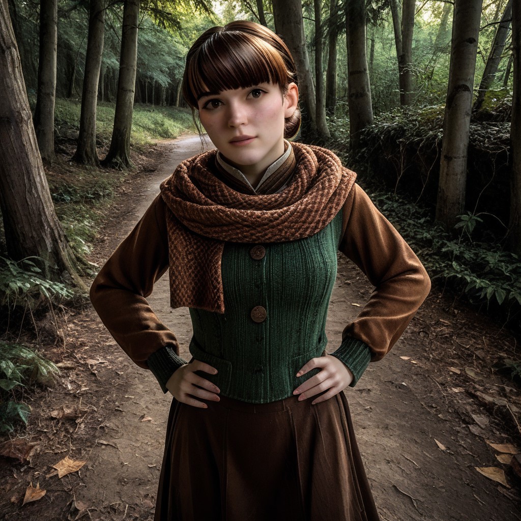masterpiece, best quality, break, anne_hl, brown hair, single hair bun, scarf, long sleeves, long skirt, hands on hips, looking at viewer, head tilt, forest