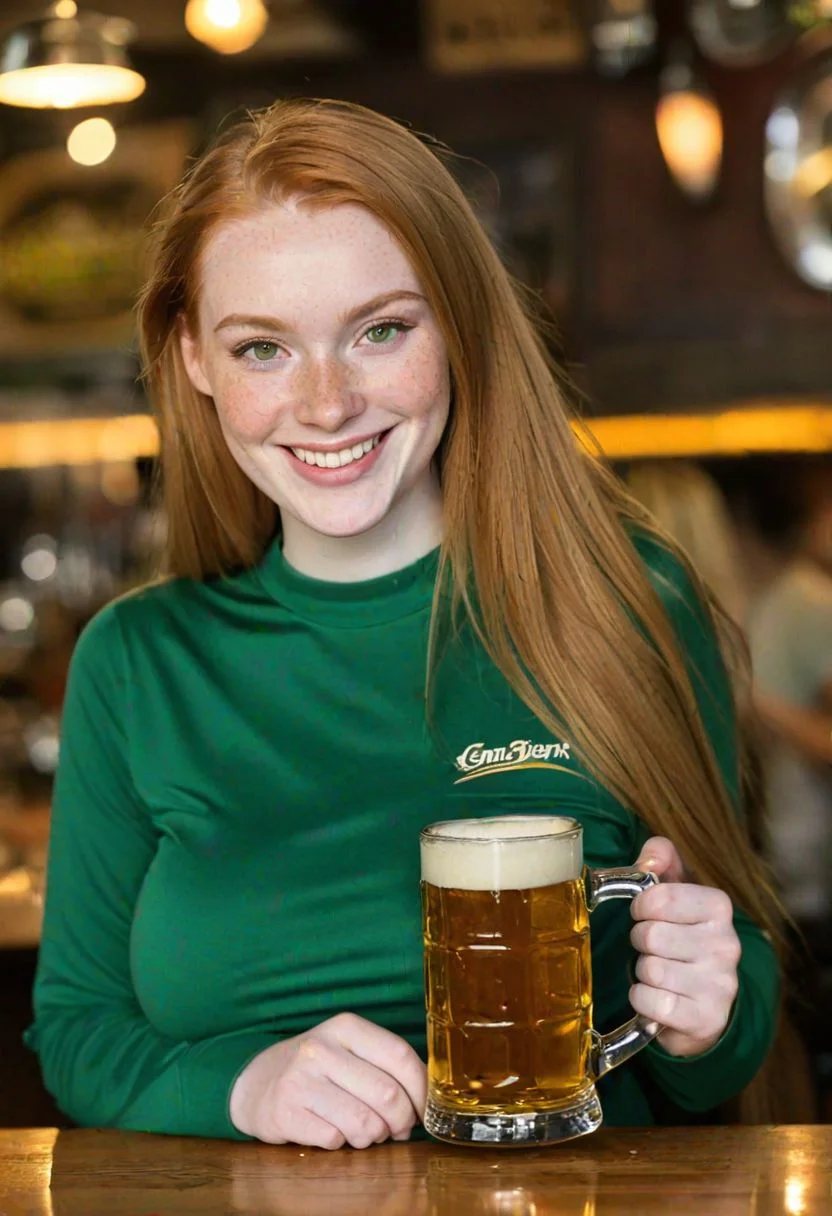 pretty girl, long ginger hair, portrait, lighting, pale skin, freckles, green shirt, huge breasts, professional photo, detailed photo, blurry background, smile, happy, holding beer mug, glass mug