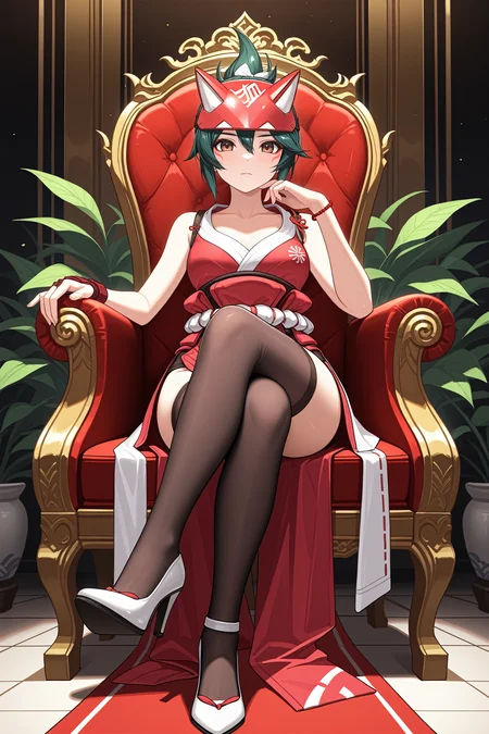 masterpiece, best quality, absurdres,
<lora:OKiriko:1.0>
OKiriko, 1girl, green hair, brown eyes, fox mask, facial marks, looking at viewer, sitting on a throne, legs crossed, thigh highs, high heels, dress, jewelry