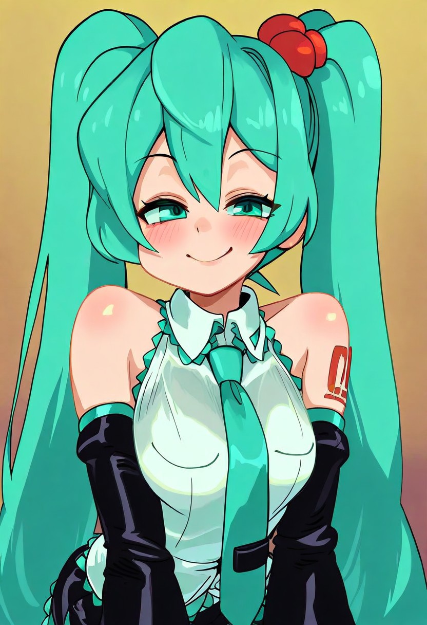 (masterpiece),best quality,amazing quality,very aesthetic,absurdres,newest,perfect body,shiny skin,perfect eyes,detail1eye,well-defined fingers,well-defined fingernails,anime style,indoors,1girl,solo,upper body,(portrait:1.5),looking at viewer,facing viewer,smile,blush,hatsune miku,absurdly long hair,aqua hair,twintails,hair ornament,sidelocks,hair between eyes,parted bangs,aqua eyes,white shirt,collared shirt,bare shoulders,sleeveless shirt,aqua necktie,detached sleeves,black sleeves,shoulder tattoo,fringe,black thighhighs,miniskirt,pleated skirt,zettai ryouiki,thigh boots,<lora:Hatsune Miku(voc)-Illus-Remake:2>,