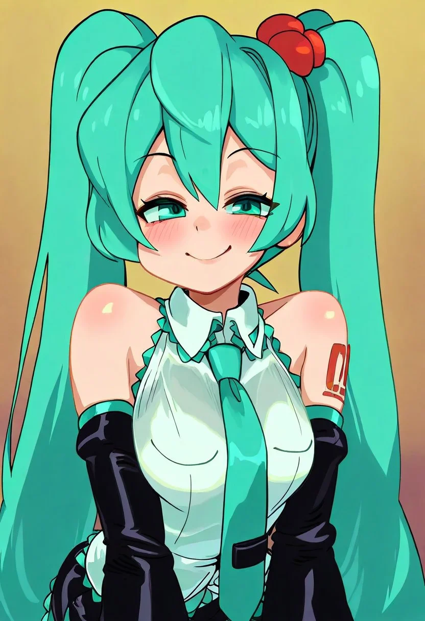 (masterpiece),best quality,amazing quality,very aesthetic,absurdres,newest,perfect body,shiny skin,perfect eyes,detail1eye,well-defined fingers,well-defined fingernails,anime style,indoors,1girl,solo,upper body,(portrait:1.5),looking at viewer,facing viewer,smile,blush,hatsune miku,absurdly long hair,aqua hair,twintails,hair ornament,sidelocks,hair between eyes,parted bangs,aqua eyes,white shirt,collared shirt,bare shoulders,sleeveless shirt,aqua necktie,detached sleeves,black sleeves,shoulder tattoo,fringe,black thighhighs,miniskirt,pleated skirt,zettai ryouiki,thigh boots,<lora:Hatsune Miku(voc)-Illus-Remake:2>,
