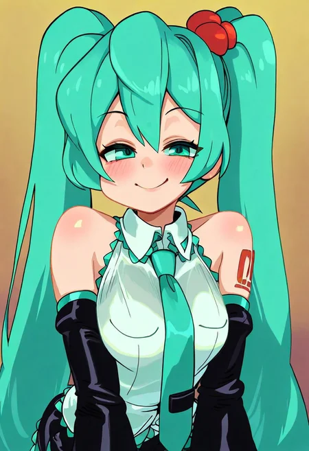 (masterpiece),best quality,amazing quality,very aesthetic,absurdres,newest,perfect body,shiny skin,perfect eyes,detail1eye,well-defined fingers,well-defined fingernails,anime style,indoors,1girl,solo,upper body,(portrait:1.5),looking at viewer,facing viewer,smile,blush,hatsune miku,absurdly long hair,aqua hair,twintails,hair ornament,sidelocks,hair between eyes,parted bangs,aqua eyes,white shirt,collared shirt,bare shoulders,sleeveless shirt,aqua necktie,detached sleeves,black sleeves,shoulder tattoo,fringe,black thighhighs,miniskirt,pleated skirt,zettai ryouiki,thigh boots,<lora:Hatsune Miku(voc)-Illus-Remake:2>,