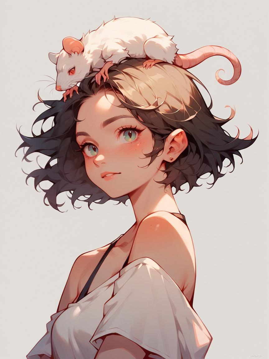 score_9, score_8_up, score_7_up, score_6_up,  <lora:p3tl0v3XLP:1> p3tl0v3, 1girl, rat on head