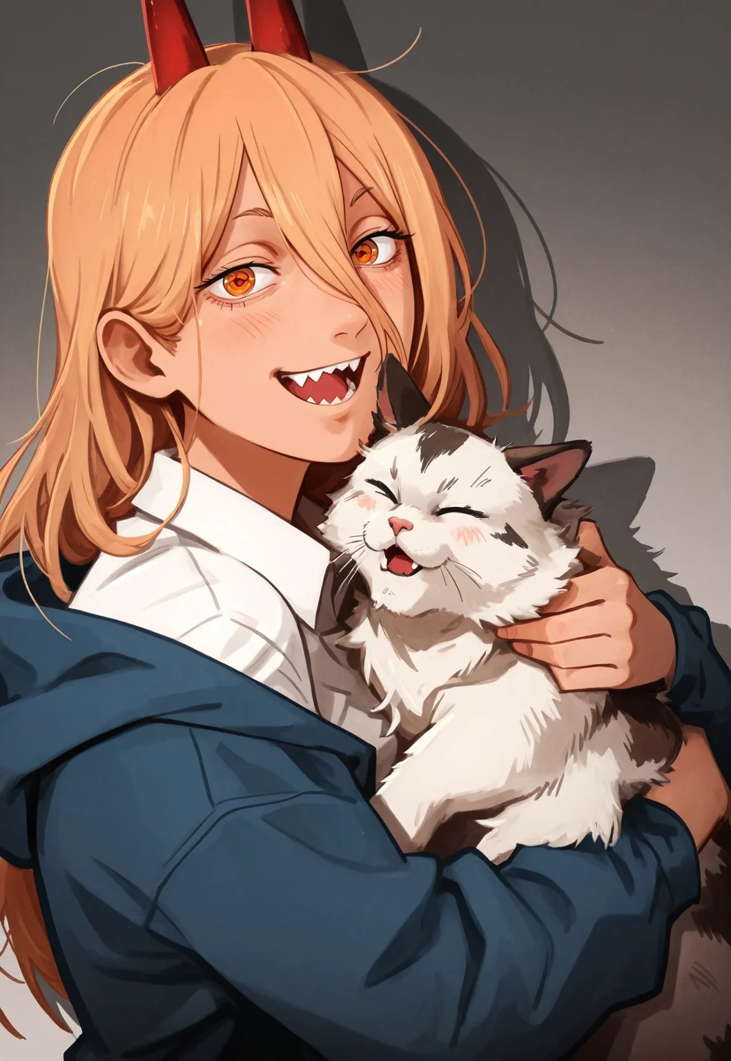 khle2, meowy_(chainsaw_man), power_(chainsaw_man), 1girl, animal, animal_hug, blonde_hair, blue_jacket, blush, brown_eyes, cat, collared_shirt, cross-shaped_pupils, demon_horns, drop_shadow, film_grain, fluffy, from_side, gradient_background, hair_between_eyes, happy, holding, holding_animal, holding_cat, hood, hood_down, hooded_jacket, hoodie, horns, hug, jacket, long_bangs, long_hair, long_sleeves, looking_at_animal, off_shoulder, open_mouth, orange_eyes, red_horns, sharp_teeth, shirt, smile, solo, symbol-shaped_pupils, teeth, upper_body, white_fur, white_shirt, masterpiece, masterfully drawn, amazing quality, best quality, incredibly absurdres, elegantly detailed, very aesthetic, illustration, sharp-lines, crisp-image, latest