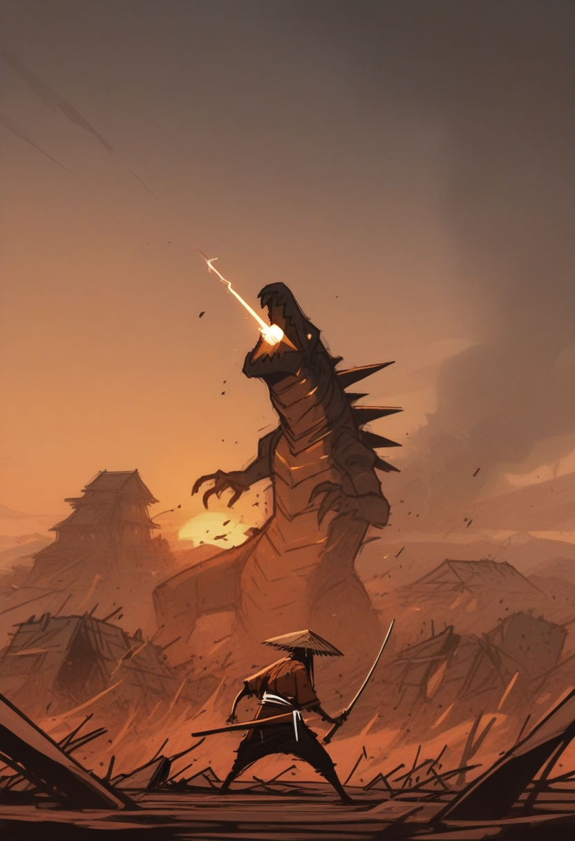 a13xstyle, sketch, masterpiece, best quality, solo,                                                                                    samurai holding katana, red electric bolts of thunder from sword, straw hat,   fighting a giant kaiju alien lizard, attack, bolts, destruction, , sunset, china,