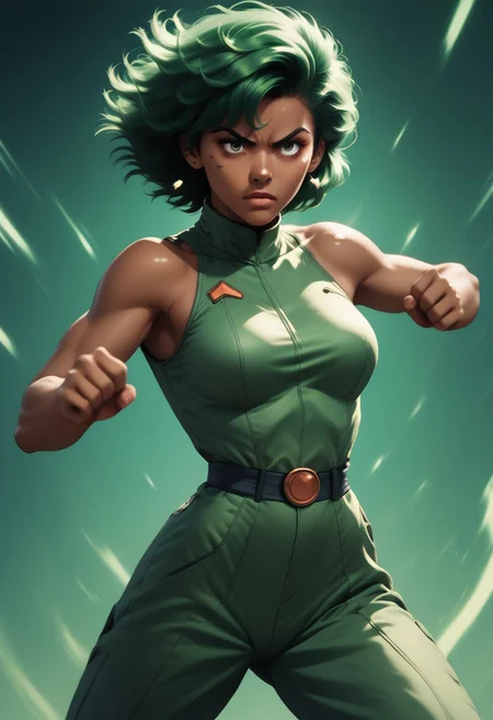 score_9, score_8_up, score_8_up, 1girl, dark skin, green hair, dynamic pose, retro futuristic, detailed