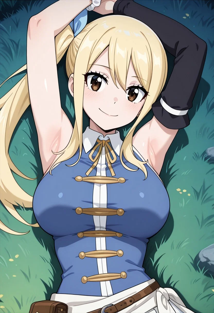 masterpiece, best quality, newest, anime screencap, 1girl, <lora:LucyHeartfiliaAvatartwo_Illu_Dwnsty:1>, lcyhrtavtrctwo, brown eyes, blonde hair, side ponytail, sidelocks, long hair, blue ribbon, hair ribbon, blue shirt, sleeveless shirt, collared shirt, yellow neck ribbon, scrunchie, single detached sleeve, black sleeve, white skirt, brown belt, belt pouch, white sash, perfect eyes, breast, shiny skin, expressive, smile, looking at viewer, lying on grass, armpit, arms up, forest, night, perfect anatomy
