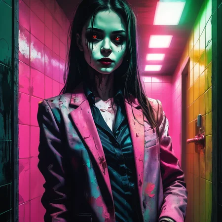 VtmArt, painting close up of a (vampire:0.4) girl in colorful blazer standing in a dirty grungy old public bathroom with fluorescent lighting, <lora:VtmArt:1>, (masterpiece:1.3), at night, cinematic lighting, intricately detailed, high quality, dramatic atmosphere