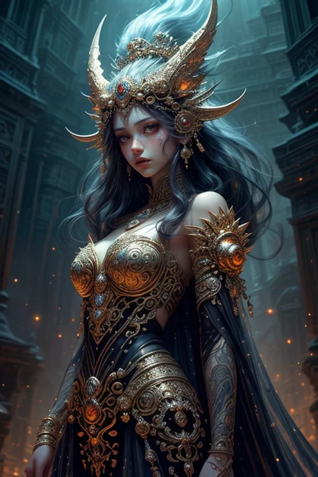 ethereal fantasy concept art of at distance,cowboy shot,(rich, royal, lot of jeweler:1.3),(by Artist Andre-Charles Boulle:1.3),(divinity:1.3),<lora:Concept_-_Hella-sthetic_v2:0.7>,<lora:wrenchsfantasy:0.3>,wrenchsfantasy,fantasy,glowing,glowing eyes,chinese goddess,, intricate, elegant, highly detailed, symmetry, magical atmosphere, sharp focus, majestic, very coherent, radiant, advanced, cinematic, artistic, fine detail, winning, beautiful, stunning, dramatic light, designed, rich deep colors, perfect professional background, ambient, tailored set composition . magnificent, celestial, ethereal, painterly, epic, majestic, magical, fantasy art, cover art, dreamy