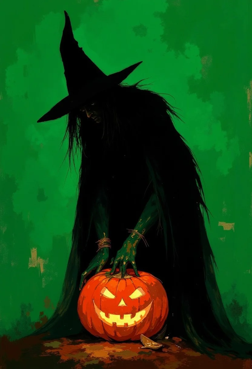 A dark, dramatic poster, likely for a film or movie.
The central focus is a large, shadowy, wicked witch, reaching downward against a vibrant, orange jack o lantern. The figure is simple, a solid shape, and in silhouette, conveying a feeling of vulnerability.
The background is entirely green, lending an ominous and foreboding atmosphere. The green, textured vaguely, suggests maybe a stormy sky or other similar strong backdrop. The overall impression is one of a supernatural confrontation, dread, or a powerful allegorical story.
<lora:FLUX-daubrez-DB4RZ-v2:1> DB4RZ, DB4RZ style painting