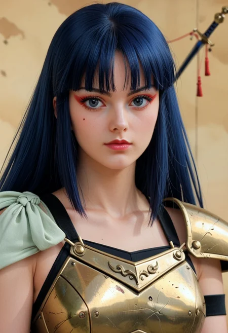 score_9, score_8_up, score_7_up, realistic, fine anime screencap_xl, anime screencap, ladykayura, kayura, ronin warriors, solo, 1girl, retro, blue hair, 1980s (style), bangs, long hair, blue eyes, portrait, makeup, armor, shoulder armor, gloves, swords