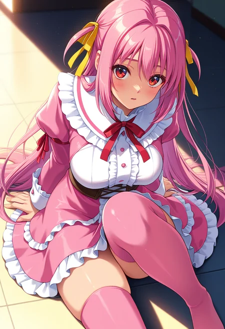 masterpiece, best quality, amazing quality, absurdres, 1girl, solo,yunaww, red eyes, pink hair, long hair, very long hair, two side up, yellow hair ribbon, large breasts, pink frilled dress, long sleeves, pink thighhighs, <lora:Sakurasawa_Yuna_Gakuen_Saimin_Reido_ill:0.8>, sitting on floor, one leg extended, one leg bent, hands behind back, leaning back slightly, bare thighs, looking at viewer, skindentation, detailed clothing folds, depth of field, sharp, high contrast, dynamic light