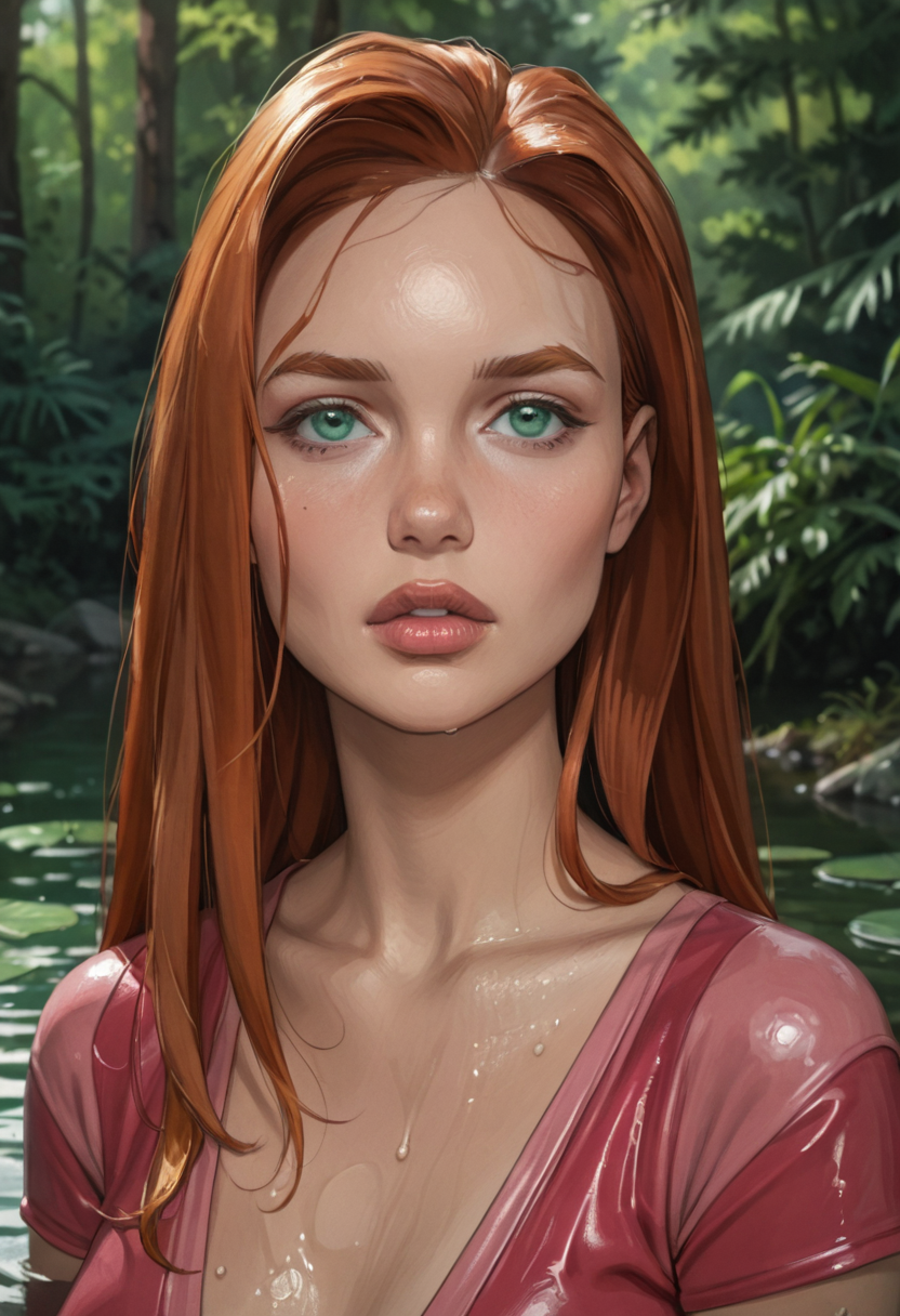 score_9, score_8_up, score_7_up, (huge tits:1.2),  1girl, solo,20 year old woman,headshot,  ,a_e, 1girl, ginger long hair, green eyes, pink lips detailed face, atom eve costume, , , stunning beauty, long legs, , flushed cheeks, long hair,, Atom Eve, sultry, sexually aroused  flushed, lips parted, in a pond in the forest dripping wet, one arm behind her, <lora:d3t41l3dXLP:.6>  <lora:Atomic_EvaV2:.9>