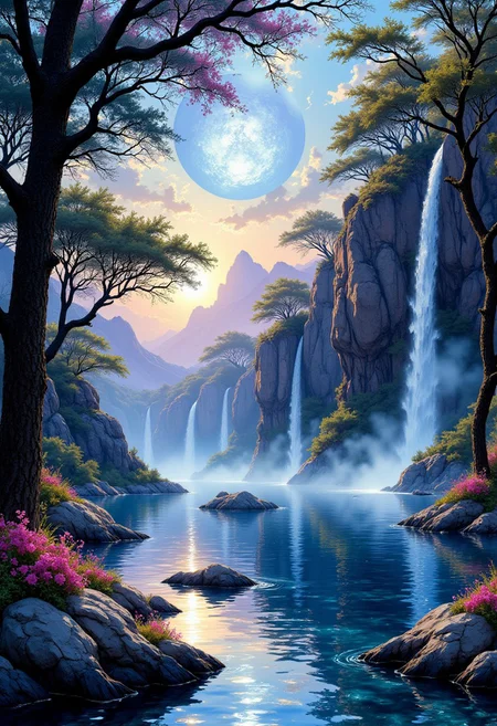 The Opalescent Horizon Grove
A weightless biosphere, where tree-covered platforms hover over an endless mirror lake, reflecting the soft glow of the opal-colored sky. Intricately woven vines curl around suspended hammocks of glowing silk, while waterfalls cascade gently from floating cliffs, dissolving into mist before they touch the ground. Massive quartz-like sculptures, etched with golden filigree, pulse softly, resonating with the unseen music of the cosmos. The air is thick with the aroma of fresh rain, wild honeysuckle, and warm petrichor, while the distant hum of soft synth harmonics drifts through the grove.