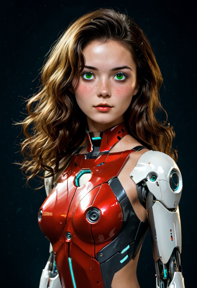 score_9, score_8_up, score_7_up, realistic, 1girl, elle,  solo, beautiful, petite, gorgeous, adult face, 25 years old, fit body, big perky breasts, long wavy hair, green eyes. amorous facial expression. bright red body. Cyborg. integrated mechanical parts. mechanical arms and chest.  futuristic, cybernetic high-tech suit. make up. mascara, freckles, jewelry, very detailed, vibrant, high contrast, realistic art style.  futuristic retro anime elements
Industrial environment. dark atmosphere.
vivid color, vivid background, simple background, elle, midjourneyv6.1, sideless_outfit, sideboob