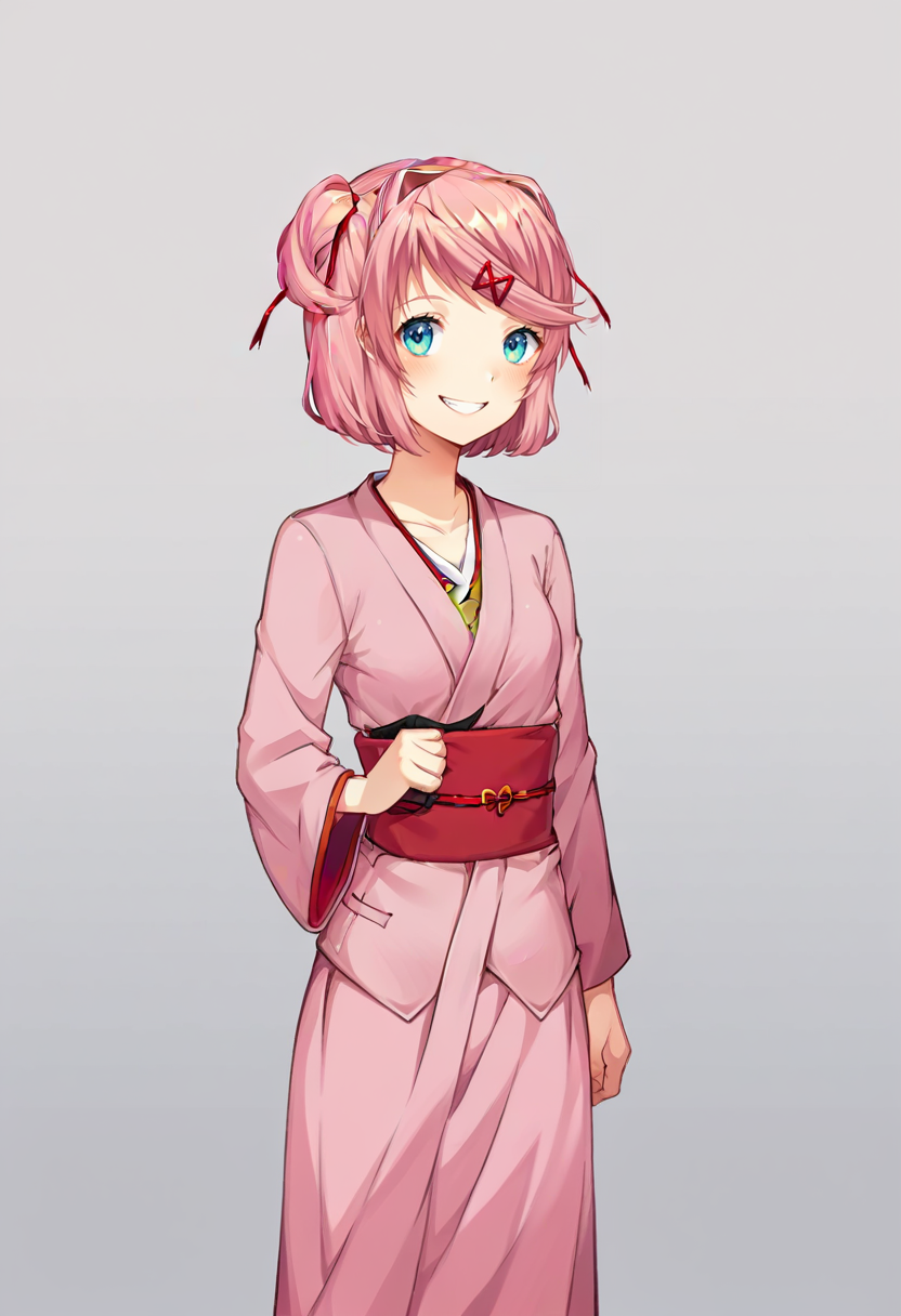 score_9, score_8_up, score_7_up, source_anime, BREAK, solo, 1girl,  <lora:DDLC-pdxl_Fp:0.8>, standing, smile, simple background, looking at viewer, cowboy shot, natsuki \(doki doki literature club\), pink kimono,