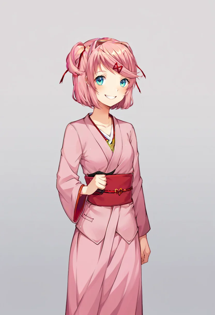 score_9, score_8_up, score_7_up, source_anime, BREAK, solo, 1girl,  <lora:DDLC-pdxl_Fp:0.8>, standing, smile, simple background, looking at viewer, cowboy shot, natsuki \(doki doki literature club\), pink kimono,
