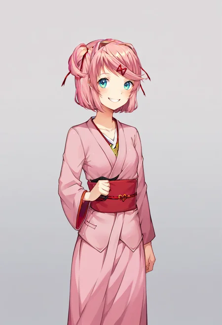 score_9, score_8_up, score_7_up, source_anime, BREAK, solo, 1girl, <lora:DDLC-pdxl_Fp:0.8>, standing, smile, simple background, looking at viewer, cowboy shot, natsuki \(doki doki literature club\), pink kimono,