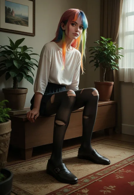 score_9, score_8_up, score_7_up, score_6_up, source_anime, masterpiece, newest,
Highly detailed, 1girl, slender, innocent, sitting, arms at sides, long hair, opaque pantyhose, no shoes, colorful hair, multicolored hair, casual clothes, realistic, long legs, potted plants, ripped pantyhose