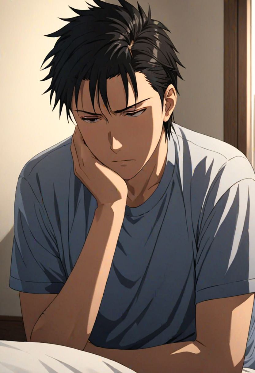 Highres, Masterpiece, High Quality, 4K, Soujiro Agata, 1boy, solo, black hair, Sad, Looking Down, distress, sress, Bedroom, Realistic Light, potrait, Candid Photo