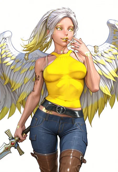 masterpiece, high quality, best quality, highres,
1girl, vasiy, uriel, angel, pointy ears, two tone hair, white hair, yellow hair, yellow eyes, yellow lipstick, yellow nails, tattoo, wings, ponytail, yellow crop top, bra, jeans, waist belt, thigh boots, wedding ring, cigarette in mouth, white background, smiling, holding sword,
<lora:Kinu Nishimura_illustriousXL:1.2> <lora:Vasiy-Uriel_V2:1>