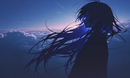 1girl, indigo theme, simple background, semi-[monochrome], anime, stylish anime wallpaper aesthetic, detailed grit texture overlay and detail BREAK long hair, silver gradient etching, sharp contrast, from side, looking away, dynamic movement, floating hair, wind, very_long_hair, dark background, gradient color, glow, hyperbloom, semi-transparent, konya karasue, above clouds, golden hour