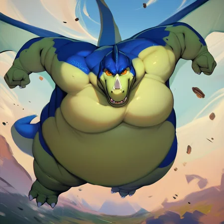 score_9, score_8_up, score_7_up, score_6_up, score_5_up, score_4_up, giran, dragon, fat, obese, horn, orange eyes, green and blue body, action pose, flying, sky background, looking at viewer