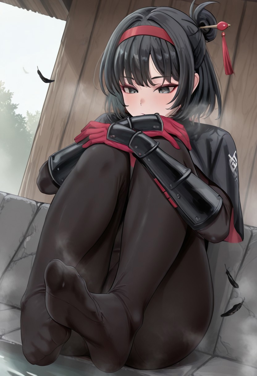 acmecchio, outdoors, undershirt, falling feathers, black bodysuit, hair stick, hugging knees, knees to chest, gauntlets, eyeshadow, red gloves, two sides up, black capelet, red hairband, black eyes, 1girl, solo, feet, visible breath, dynamic angle, foreshortening, smell, steam, onsen, water