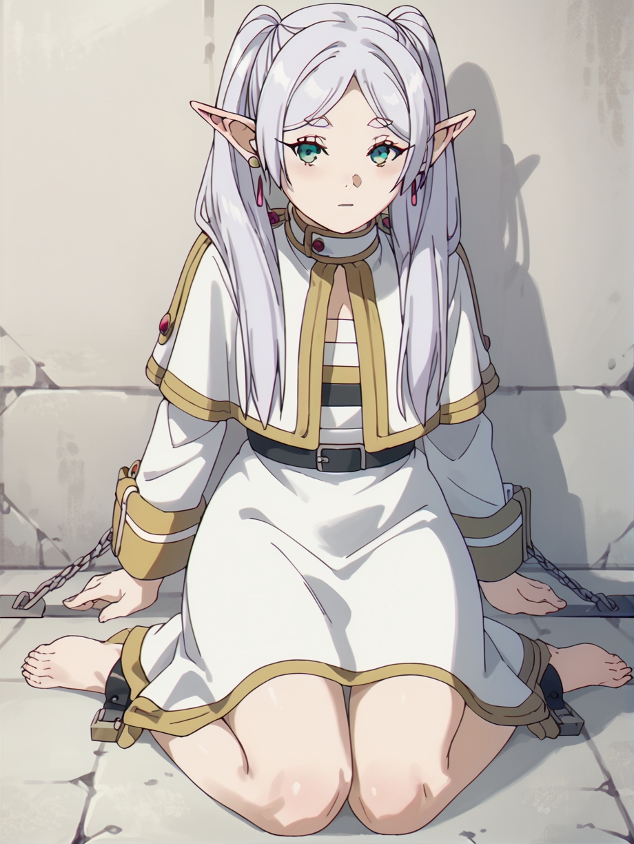 score_9, score_8_up, score_7_up,source_anime, high res image,masterpiece,best quality,(girl:1.0) ,cute face,clear skin,shiny hair,ultra detailed eyes,simple background, <lora:sfrieren_ponyxl_1:1>sfrieren
<lora:sprawled_pony_V1.0:0.7> sprawled bound bdsm restrained cuffs wall full body view  chained to wall