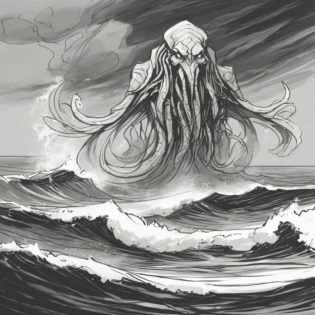 sketch, cthulhu rising from the stormy ocean tempete gray tone , an epic representation of the sandman, thrawn, inspired by Barclay Shaw, listing the image, monolithic
 <lora:sketch_style:1>