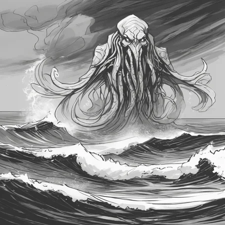 sketch, cthulhu rising from the stormy ocean tempete gray tone , an epic representation of the sandman, thrawn, inspired by Barclay Shaw, listing the image, monolithic
 <lora:sketch_style:1>
