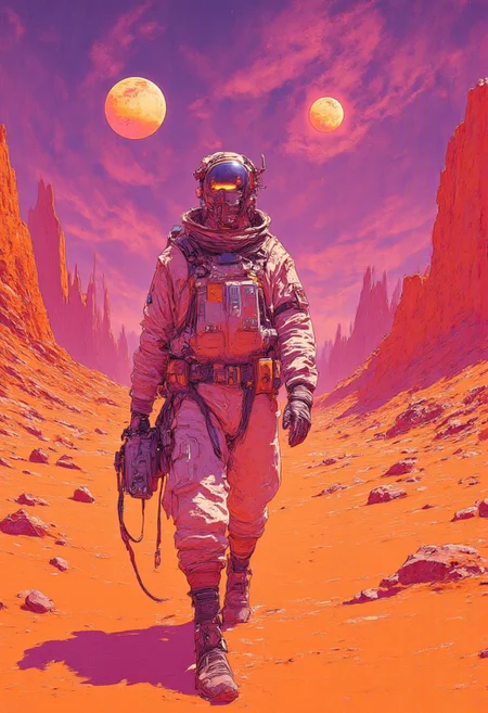 Geof Darrow art style, a man walking in the desert with futuristic gear that glints under a merciless, alien sun, his every step kicking up clouds of fine, crimson dust that swirl like living tendrils. The horizon stretches endlessly, dotted with jagged, obsidian-like rock formations that twist unnaturally, as if sculpted by a forgotten cataclysm. Above, a fractured sky bleeds hues of violet and orange, pierced by two moons hanging low and cracked, casting an eerie glow over the desolate landscape. Strange, skeletal remnants of ancient machinery jut from the sand, their rusted gears and cables hinting at a lost civilization. The air shimmers with heat, distorting the distance, where shadowy, indistinct shapes loom—perhaps mirages or lurking threats. His presence is small yet defiant against this vast, otherworldly expanse, a lone figure trudging through a wasteland that feels both hostile and alive.
He wears pilot's attire, the suit weathered and patched, adorned with dangling accessories—oxygen tubes swaying, a cracked compass bouncing against his chest, and a frayed utility belt clinking with tools long past their prime. He stumbles forward, parched and desperate for water, his cracked lips and sunken eyes telling a story of survival in this unknown, unforgiving desert. The image is wide, captured from a grand perspective, with the character centralized but occupying only a fraction of the frame, emphasizing the overwhelming scale and isolation of this alien world.