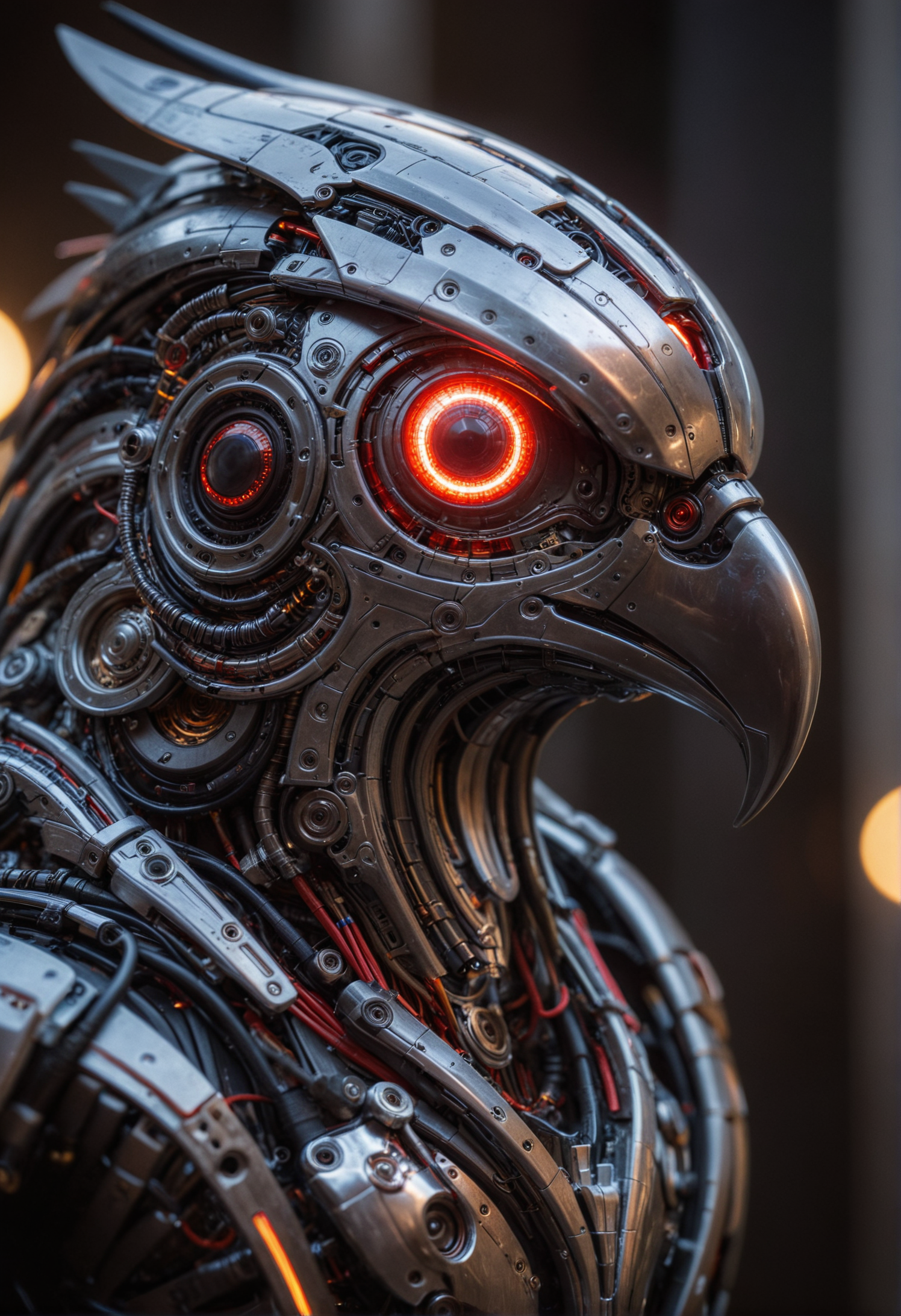 a detailed close-up of a futuristic hawk robot shows an intricate design with silver, black, and white panels surrounding a central red eye with radiating circular lines, a complex maze of black wires and silver metallic components forms the mechanical innards, shallow depth of field, bokeh background, low key, backlit light, rim light, <lora:zavy-cntrst-sdxl:0.7>, <lora:CinematicStyle_v1:0.8>, <lora:DetailMaximizer:0.5>