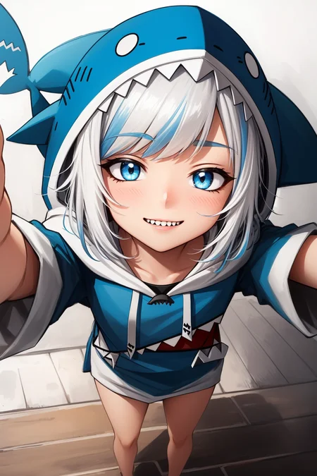 best quality, intricate details, full body, standing, cute pose, smirking, evil look,  

1girl, white hair, blue eyes, sharp eyes,messy hair, blue highlights, sharp teeth, 

blue hoodie, shark teeth design, bare legs, hair ornament,  gawr gura  ,shark girl, shark tail, shark print, blue hoodie, sharp teeth, shark hair ornament,  <lora:gawrGuraHololive_v3:0.8>    <lora:incomingKissConcept_v10:0.8> (def1, face focus, close-up:1.3)