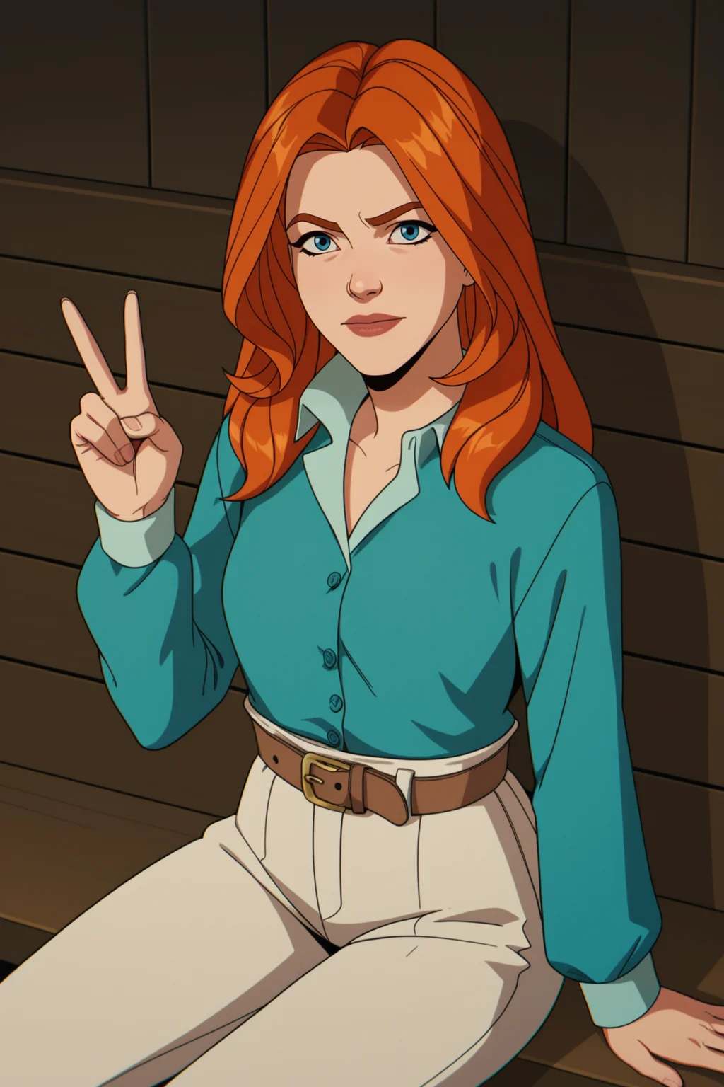 score_9, score_8_up, score_7_up, score_6_up, score_5_up, score_4_up, BREAK, <lora:Jean_V2:.8>, 1girl, Jean, orange hair, blue eyes, blue shirt, white high-waist pants, brown belt, brown shoes, sitting, peace sign, closed mouth, grinning
