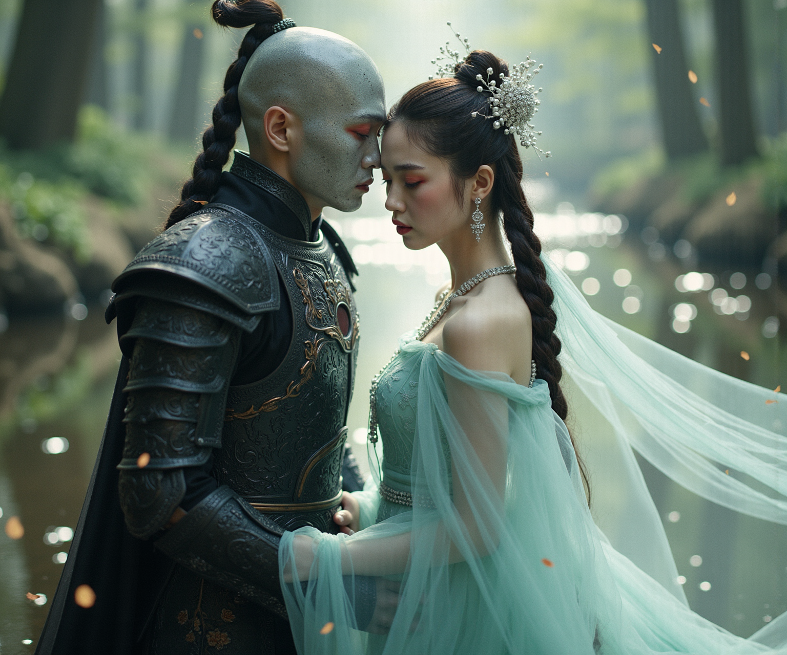 Create a captivating fashion editorial portrait featuring two characters in a dreamy, ethereal setting inspired by the style of Zhang Jingna. The first character is an armored figure with a carved stone-like face, deep red eyes, and intricate black armor adorned with detailed engravings and metallic accents. Enhance their look with a delicate, ethereal twist by adding a flowing gossamer veil cascading from their shoulders, woven into the armor's ornate designs, and a subtle crown of mist-like tendrils. The second character is a serene woman standing gracefully on water, wearing a flowing, pastel mint gown with a low back, creating a gentle ripple. Incorporate an ethereal touch with a delicate, pearl-encrusted headpiece and intricate silver jewelry that complements her elegant attire. Set the scene in a soft, misty forest with ethereal light filtering through the trees. Add floating petals and glowing particles gently drifting in the air. Frame the characters in a slightly off-center composition, capturing the gentle movement of the fabrics. Utilize soft, diffused lighting to create a luminous glow around the subjects, with backlighting creating a halo effect, enhancing the dreamlike quality. Employ a soft, muted color scheme with pastel tones and touches of silver for a magical feel. Capture the image using a Canon EOS 5D Mark IV or Sony A7R IV with an 85mm f/1.4 lens for beautiful bokeh. Shoot in RAW for maximum editing flexibility, and apply a painterly editing style, focusing on skin tones and fabric textures. Evoke a sense of wistful romance and quiet strength, capturing a gaze that is both powerful and vulnerable. Draw inspiration from Pre-Raphaelite paintings and classic portraiture, incorporating elements of Asian aesthetics in makeup and styling. Contextualize the theme as "Dreams of the Celestial," exploring myth and legend in fashion.