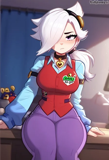 score_9, score_8_up, score_7_up,
bscolette , 1 girl , white hair, , ponytail, collar , red vest , blue shirt , long sleeves, purple pants, hair over one eye, hairband, sleeves past fingers, look at viewer, big ass, big breast, indoors, close up,
<lora:fluffylewdsai:1> , fluffylewdsai,