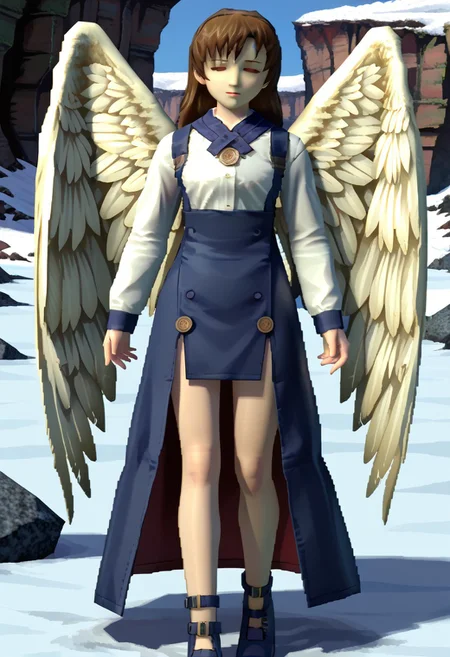 3d, mgs1_style, no eyes, 1girl, solo, female focus, Amer_SN2, long hair, bangs, brown hair, shirt, brooch, dirndl, long sleeves, white sleeves, sleeve cuffs, overall skirt, overskirt, buttons, bare knees, legs, shoes, ankle strap, blue footwear, Wings, angel wings, feathered wings, looking at viewer, snow, outdoors, canyon, ice, fantasy