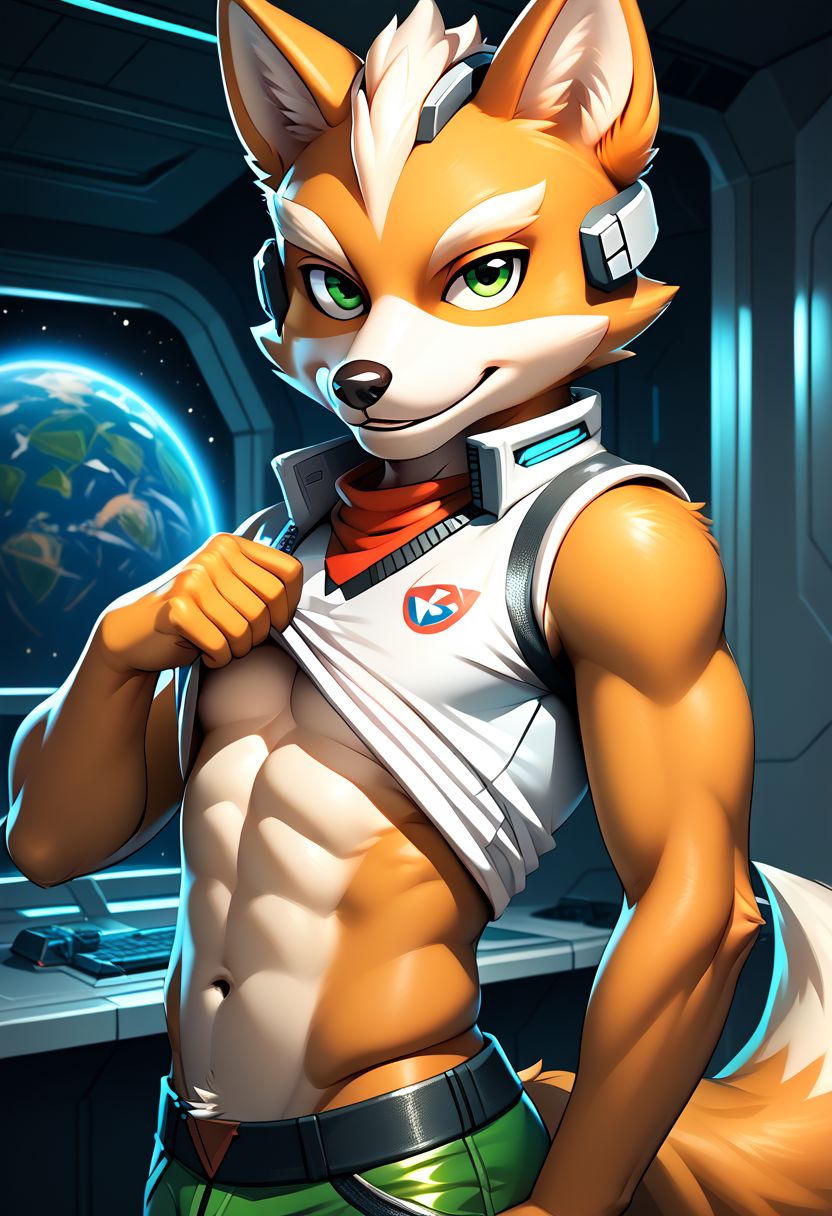 score_9, score_8_up, score_7_up, score_6_up, score_5_up, score_4_up, source_furry, Fox McCloud, Starfox, male, spaceship, solo, lifting up shirt, lifted by self, midriff, navel, happy look, looking at viewer, side view