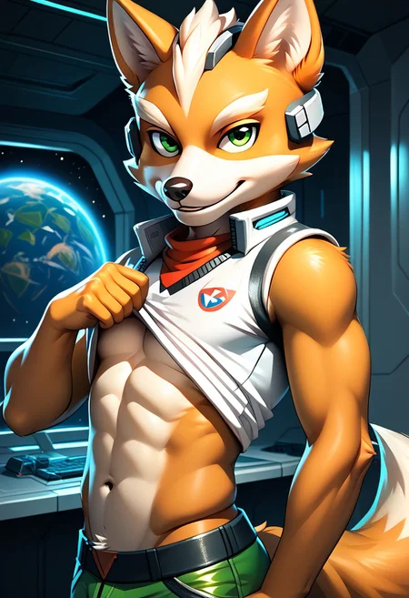 score_9, score_8_up, score_7_up, score_6_up, score_5_up, score_4_up, source_furry, Fox McCloud, Starfox, male, spaceship, solo, lifting up shirt, lifted by self, midriff, navel, happy look, looking at viewer, side view