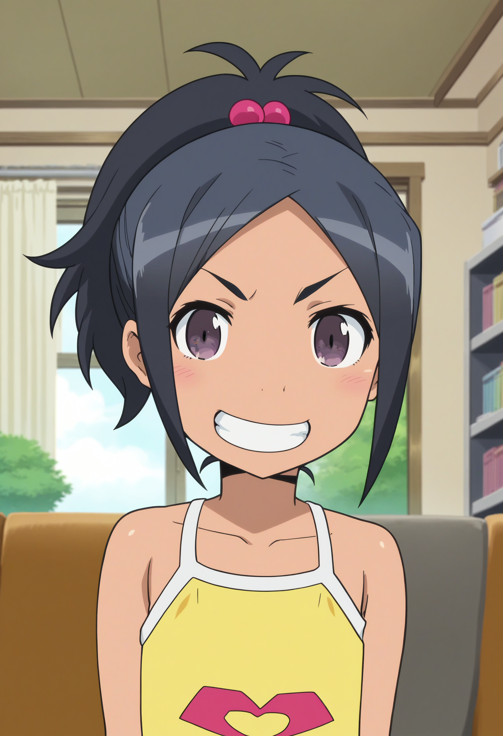 score_9, score_8_up, score_7_up, score_6_up, score_5_up, score_4_up , anime coloring ,BREAK source_anime, anime,screencap,
1girl, solo, riah, hair bobbles, camisole,  <lora:PonyXL Ria Hagry V1:1>
indoors, upper body,
looking at viewer, smile, grin