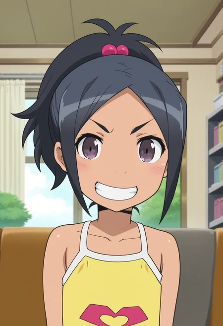 score_9, score_8_up, score_7_up, score_6_up, score_5_up, score_4_up , anime coloring ,BREAK source_anime, anime,screencap,
1girl, solo, riah, hair bobbles, camisole, <lora:PonyXL Ria Hagry V1:1>
indoors, upper body,
looking at viewer, smile, grin