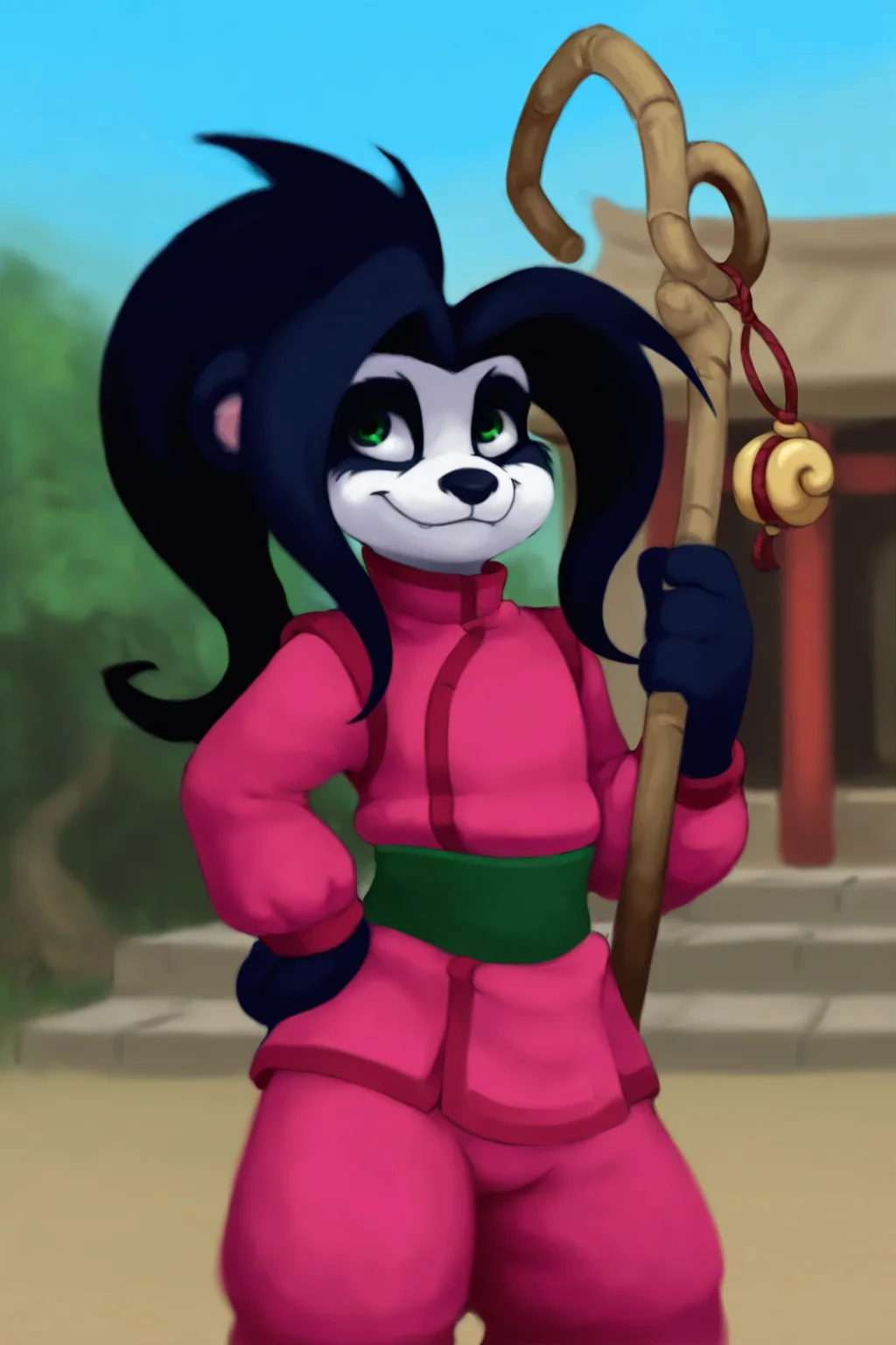 masterpiece, best quality, amazing quality, very aesthetic, high resolution, ultra-detailed, absurdres, newest, scenery, depth of field, scenery, volumetric lighting, by dogyd, li li stormstout, warcraft, bear, pandaren, furry, furry female, anthro, black hair, green eyes, black nose, black fur, black body, white fur, white body, body fur, ponytail, 1girl, solo, smile, staff, cowboy shot, long hair, chinese clothing, east asian clothing, pink kimono, ong sleeves, dark green sash, pink pants, baggy pants, female focus, temple, outdoors, blurry background, hand on hip, standing, puffy pants, closed mouth, smile, looking at side, holding staff, weapon,jacket, animal ears, pose action